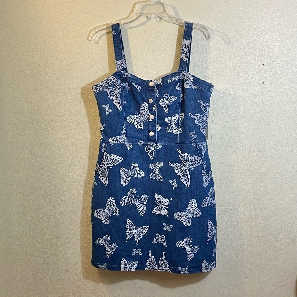 Blue Denim Dress Jumper Junior L (11/13) Butterfly